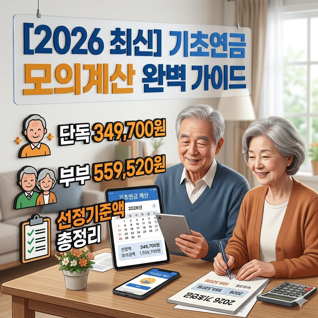 [2026년 최신] 기초연금 모의계산 가이드: 단독 349,700원, 부부 559,520원 및 선정기준액 총정리 정보가 담긴 이미지. 행복해 보이는 노부부가 거실 테이블에서 태블릿과 서류를 보며 기초연금을 계산하고 있습니다.