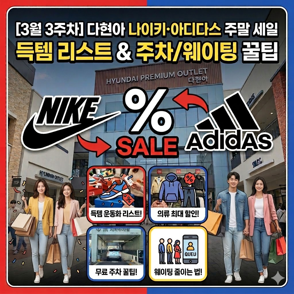 현대프리미엄아울렛 스페이스원(다현아) 건물을 배경으로 나이키와 아디다스 로고, 세일 문구가 적힌 3월 3주차 주말 세일 정보 블로그 대표 이미지. 쇼핑백을 든 한국인 남녀 모델과 함께 운동화 리스트, 의류 할인, 주차 및 웨이팅 꿀팁 아이콘이 포함됨.