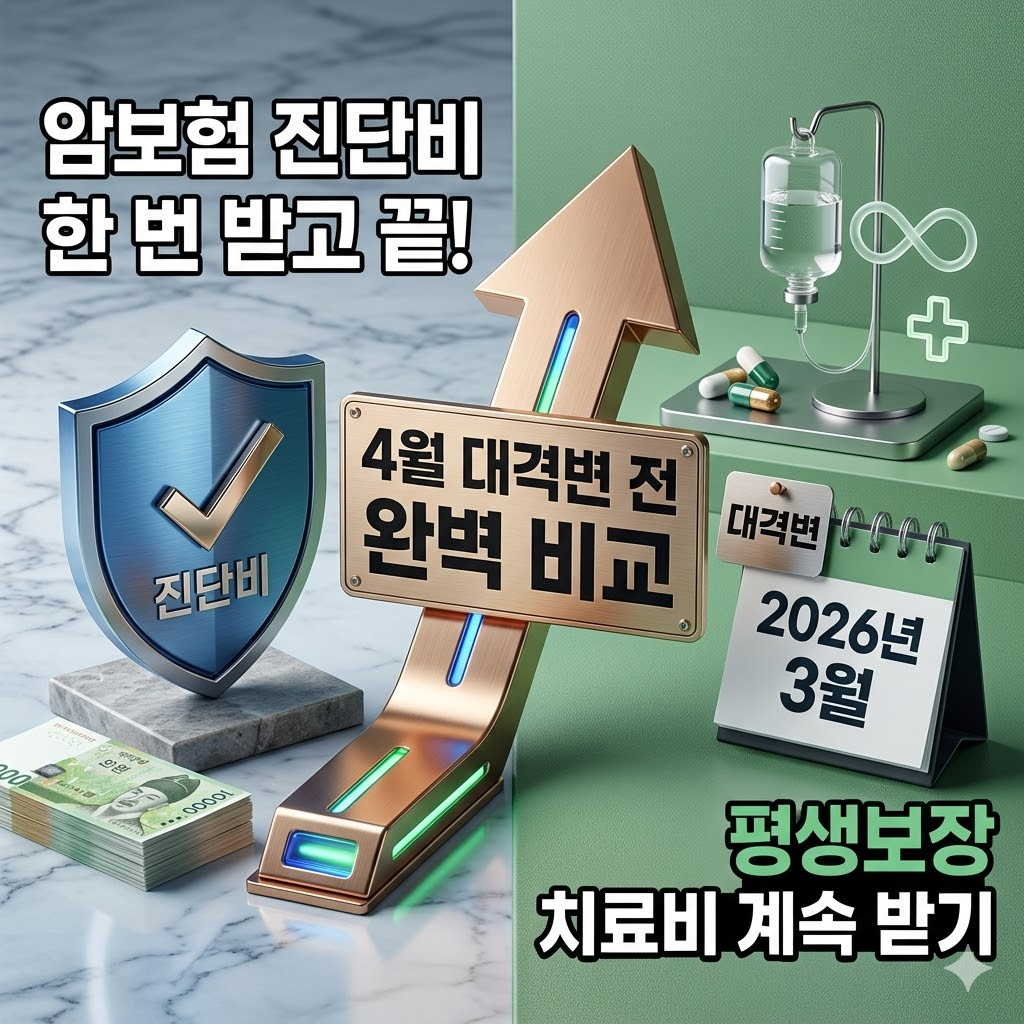 2026년 3월 암보험 비교 안내 이미지. 왼쪽에는 '진단비 한 번 받고 끝' 문구와 함께 방패 아이템과 지폐 뭉치가, 오른쪽에는 '평생보장 치료비 계속 받기' 문구와 함께 링거액과 무한대 기호가 배치되어 있습니다. 중앙에는 '4월 대격변 전 완벽 비교'라는 황금색 화살표 표지판이 있는 3D 렌더링 스타일의 썸네일입니다.