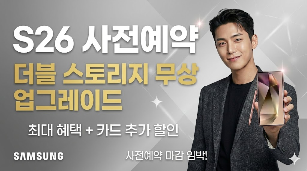 세련된 티타늄 실버 배경에 삼성 갤럭시 S26 모델을 든 남성과 'S26 사전예약 더블 스토리지 무상 업그레이드'라는 문구가 적힌 갤럭시 S26 사전예약 혜택 비교 리뷰 추천 썸네일 이미지