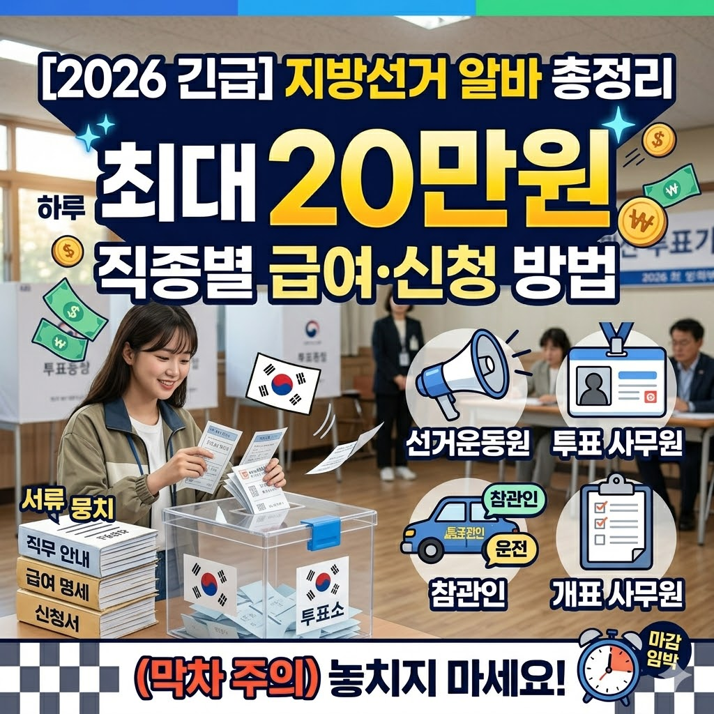 "2026 지방선거 알바 현장을 AI로 재현한 모습입니다. 하루 20만 원 꿀알바, 3월 25일 마감 전 신청 방법