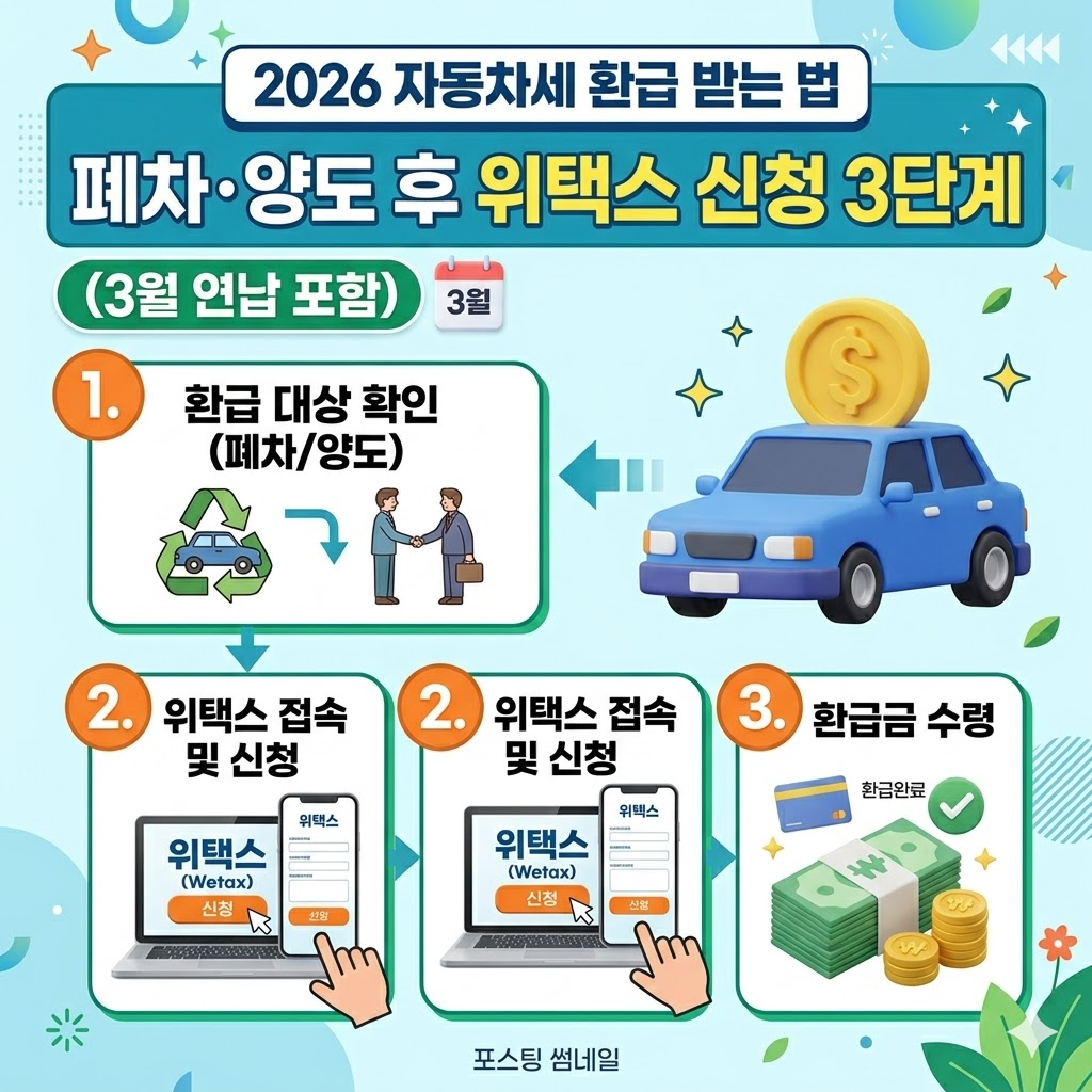 2026 자동차세 환급 받는 법: 폐차·양도 후 위택스 신청 3단계 (3월 연납 포함) 썸네일 이미지