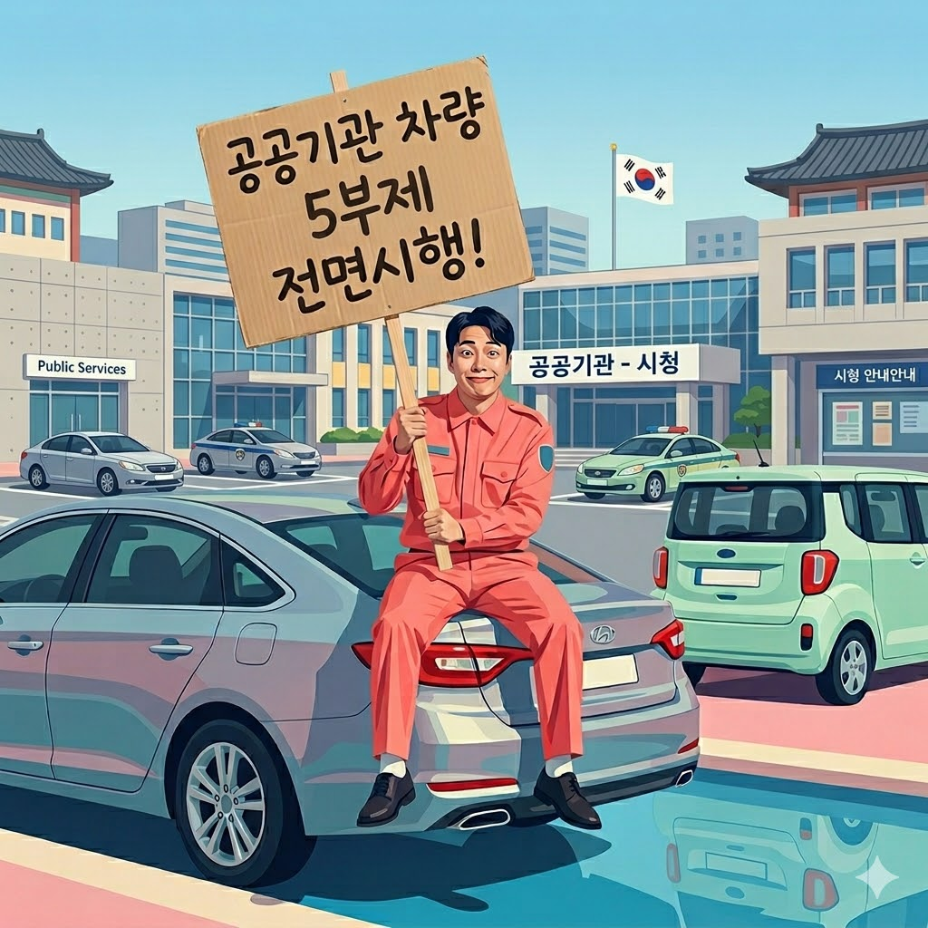 공공기관 차량 5부제 전면 시행" 피켓을 들고 회색 세단 트렁크에 앉아 웃고 있는 분홍색 작업복 차림의 남성