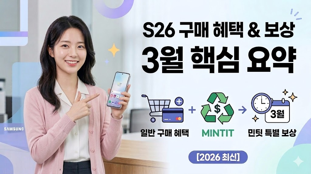 연핑크 가디건을 입은 한국인 여성 모델이 갤럭시 S26 스마트폰을 들고 있는 모습과 함께 'S26 구매 혜택 & 보상 3월 핵심 요약'이라는 문구가 적힌 블로그 대표 이미지