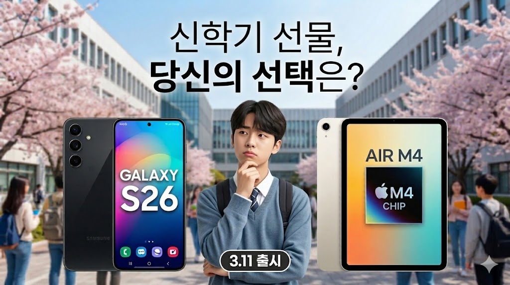 갤럭시 S26과 아이패드 에어 M4를 비교하며 고민하는 학생. 3월 11일 출시일 및 신학기 선물 승자 대결