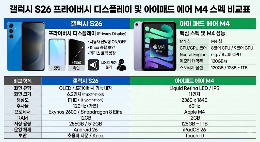 갤럭시 S26 프라이버시 디스플레이 및 아이패드 에어 M4 스펙 비교표