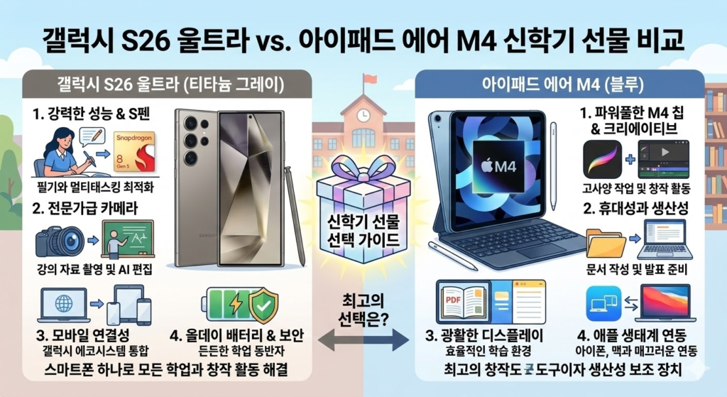 갤럭시 S26 울트라와 아이패드 에어 M4 신학기 선물 비교 이미지