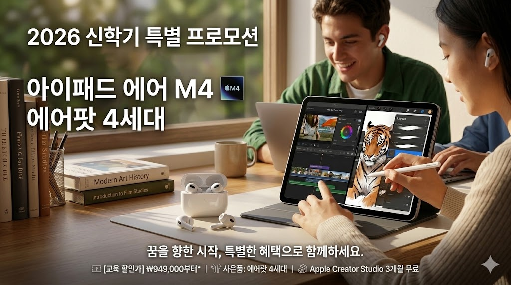 2026 아이패드 에어 M4와 에어팟 4세대 신학기 프로모션 배너 이미지