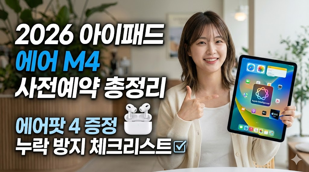여성이 아이패드를 들고 pointing하는 모습의 2026 아이패드 에어 M4 사전예약 및 에어팟 4 증정 혜택 안내 썸네일