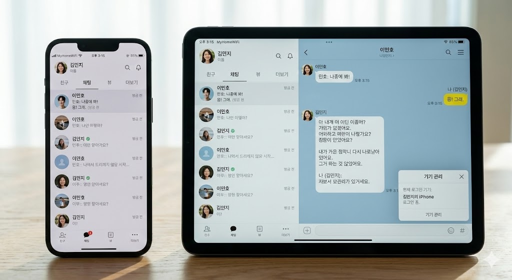 스마트폰과 태블릿에서 카카오톡이 동시에 로그인된 모습의 화면 캡처