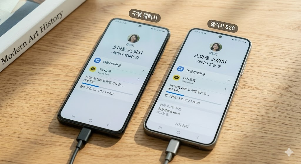 삼성 스마트 스위치 앱을 통해 구형 갤럭시에서 갤럭시 S26으로 카카오톡 데이터를 전송하는 과정