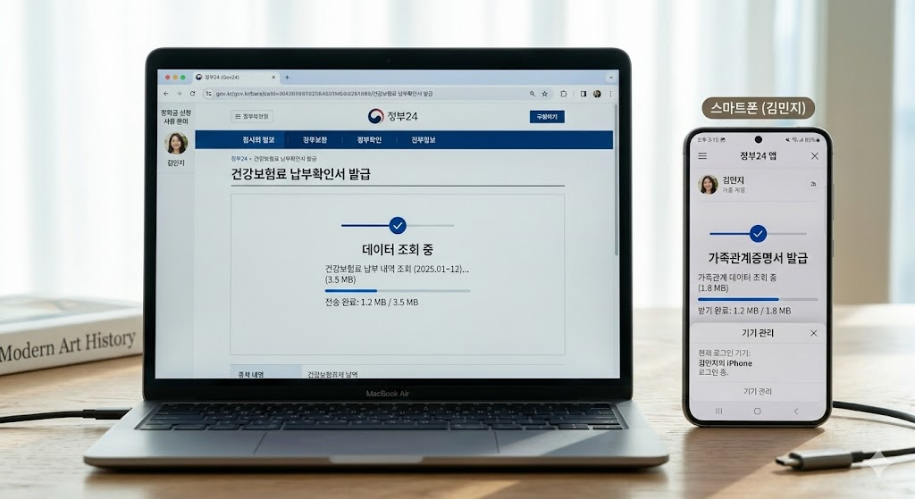 장학금 신청을 위해 필요한 건강보험료 납부확인서 및 가족관계증명서 발급 화면