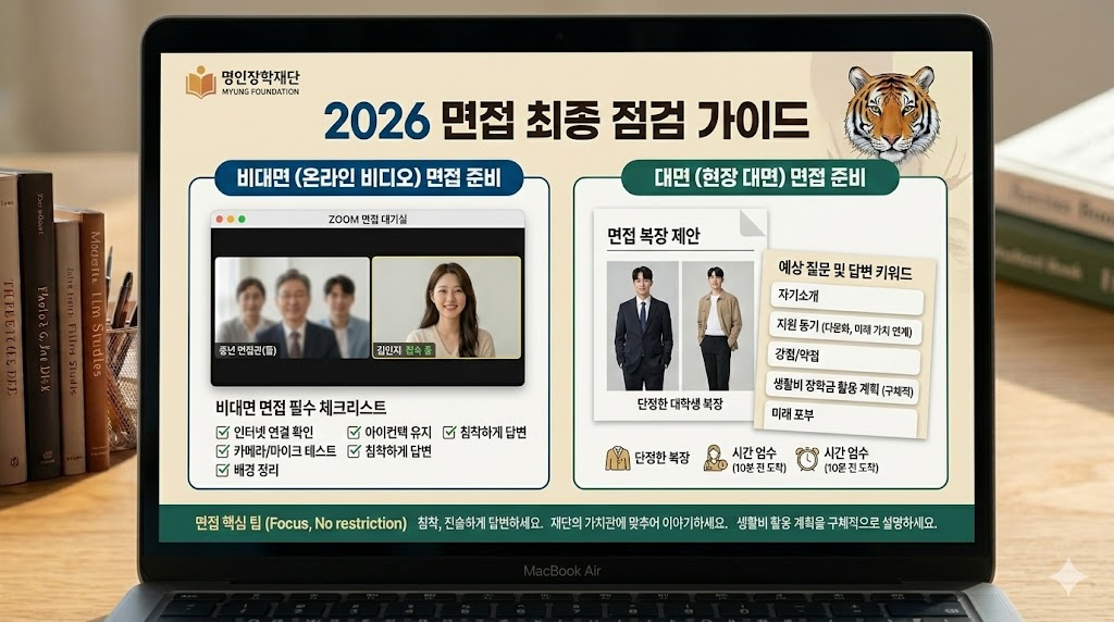 명인장학재단 비대면 및 대면 면접을 준비하는 대학생의 노트북 화면