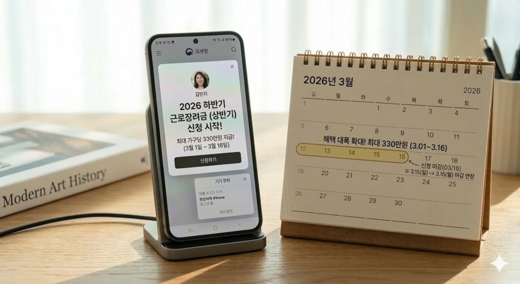 2026 근로장려금 하반기 모바일 신청을 알리는 스마트폰 화면과 달력