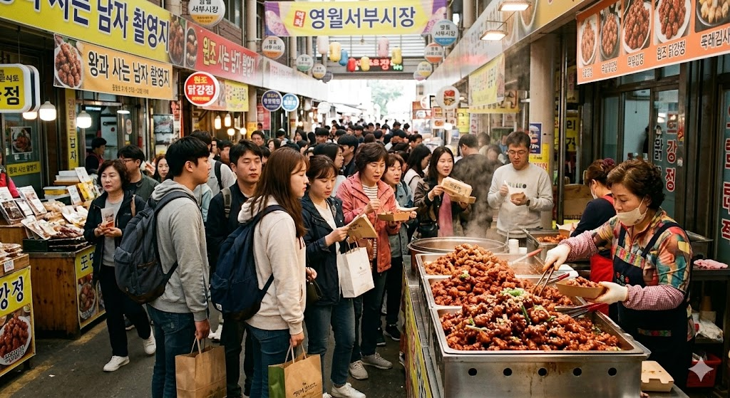 영월 서부시장 내 먹음직스러운 닭강정과 시장을 가득 메운 관광객들의 모습