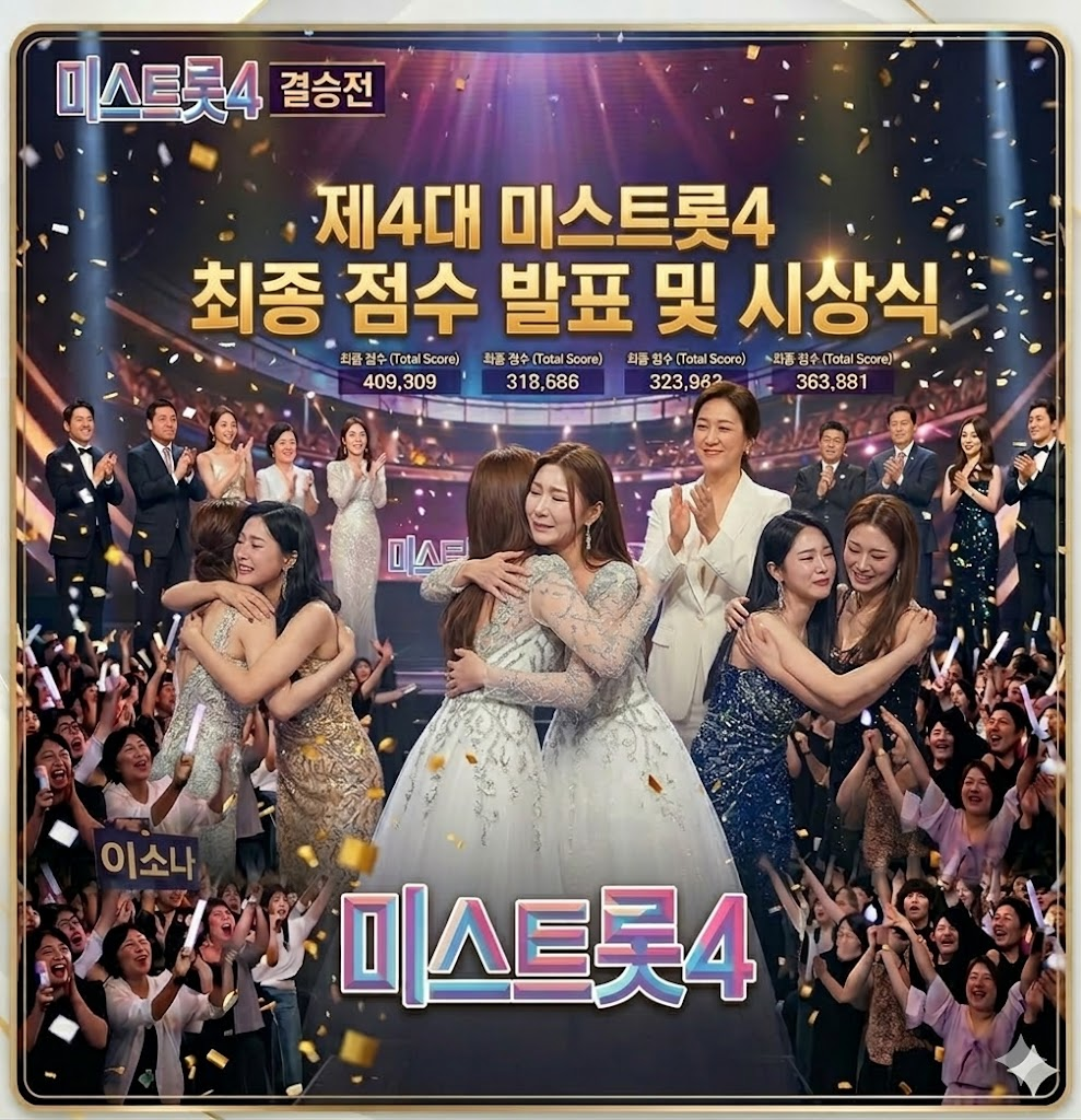 미스트롯4 TOP5 최종 점수 발표 후 서로를 안아주며 격려하는 참가자들