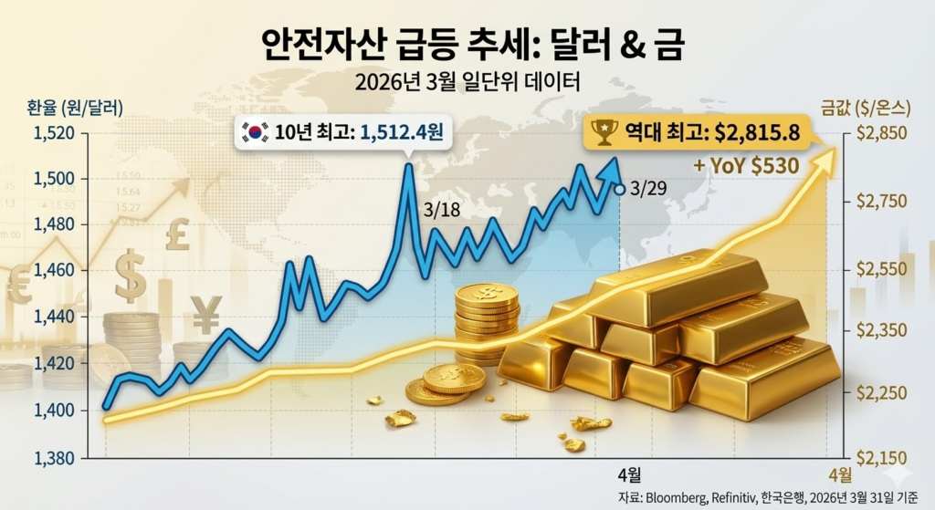 안전자산 선호 심리로 급등하는 달러 환율 및 금값 추세선
