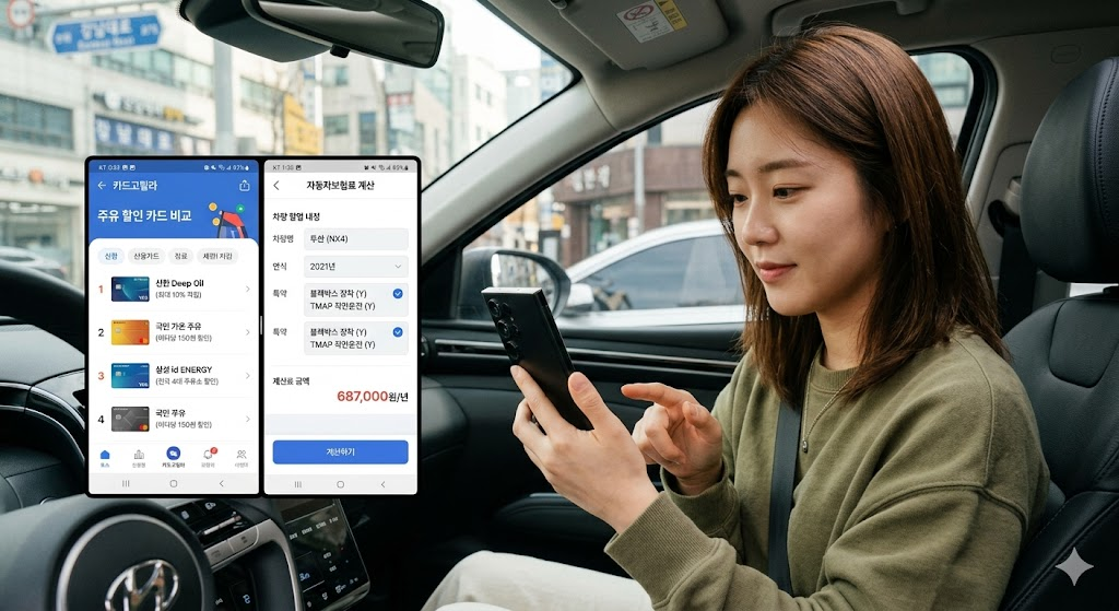 스마트폰 앱으로 주유 할인 카드 혜택을 비교하고 자동차보험료를 계산하는 모습