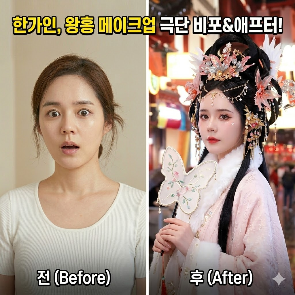상단에 '한가인, 왕홍 메이크업 극단 비포&애프터!' 문구가 적힌 비교 이미지. 왼쪽은 화장기 없는 수수한 비포 모습이며, 오른쪽은 화려한 머리 장식과 짙은 화장을 한 왕홍 스타일의 애프터 모습.