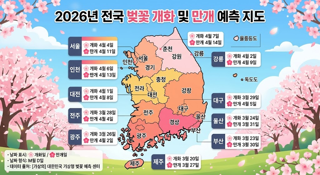 2026년 전국 벚꽃 개화시기 및 만개일 예측 대한민국 지도 그래픽