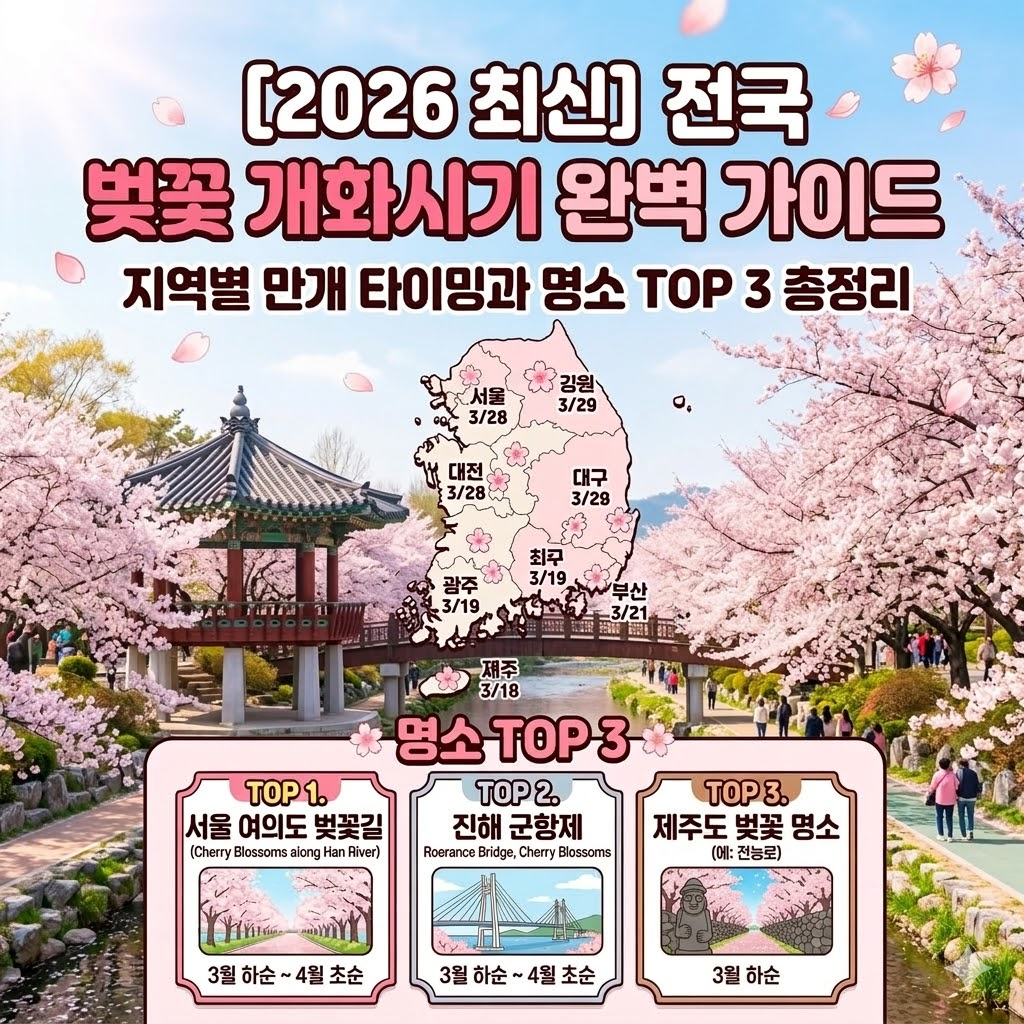 "2026년 지역별 전국 벚꽃 개화시기 지도 및 여의도, 진해, 제주도 벚꽃 명소 TOP 3 추천 썸네일"