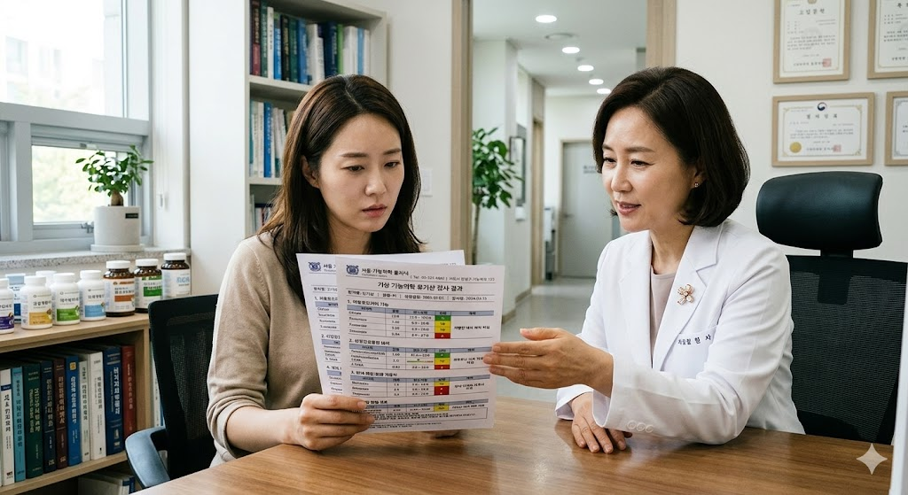 기능의학 병원 유기산 검사 결과지를 보고 있는 환자와 의사