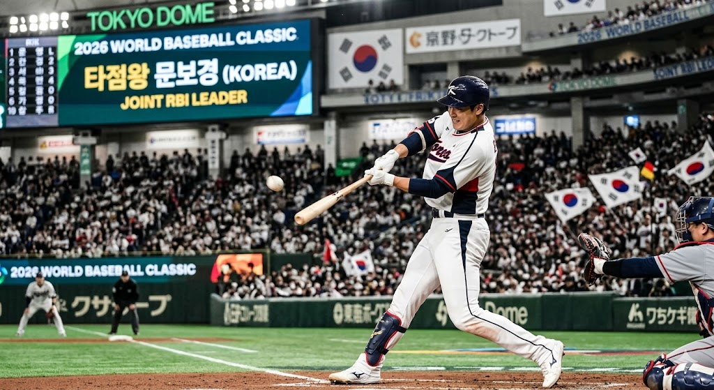 2026 WBC 공동 타점왕에 오른 대한민국 문보경 선수의 호쾌한 스윙 장면