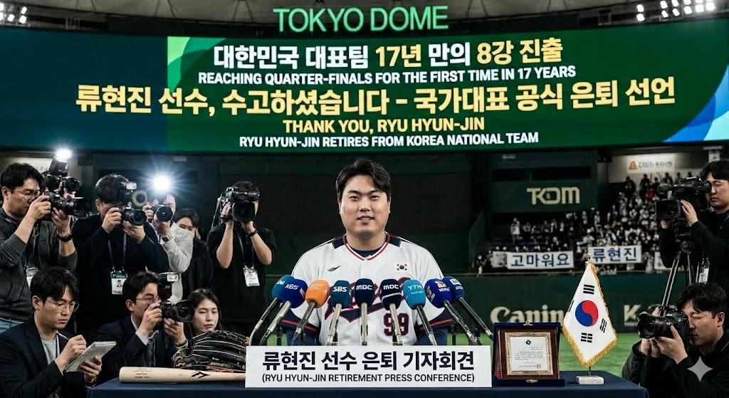 2026 WBC 8강 진출 후 대한민국 국가대표 야구 유니폼을 입고 은퇴 기자회견을 하는 류현진 선수의 모습