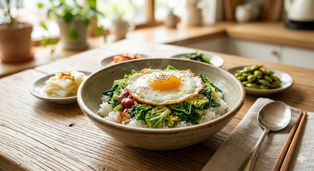 신선한 봄동과 고추장, 참기름, 반숙 계란 프라이가 올라간 먹음직스러운 비빔밥 완성 사진
