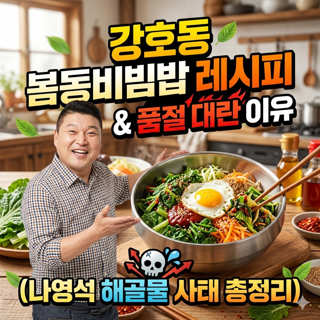 강호동 봄동 비빔밥 레시피와 나영석 해골물 사태를 설명하는 블로그 대표 이미지. 커다란 양푼에 담긴 먹음직스러운 봄동 비빔밥과 이를 소개하는 강호동 캐릭터의 모습.