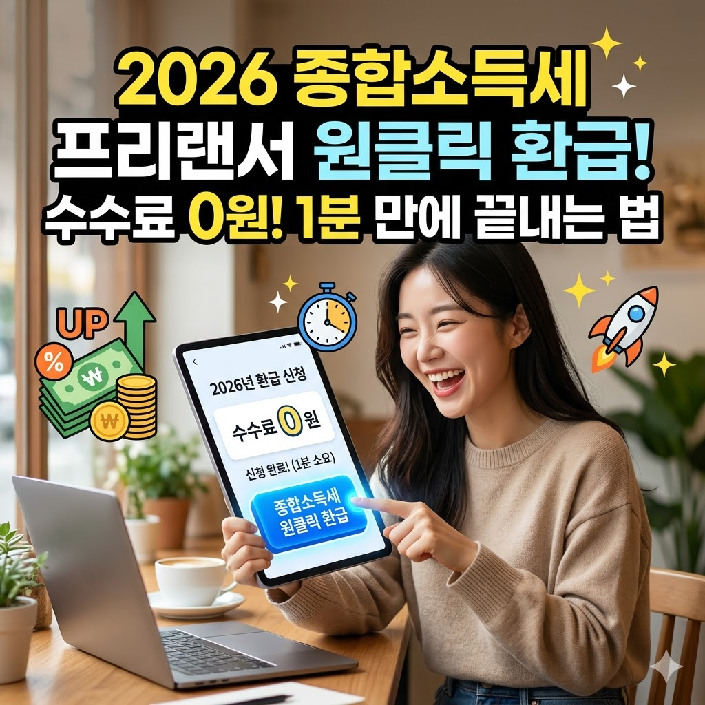 2026년 프리랜서 종합소득세 원클릭 환급, 수수료 0원, 1분 신청 방법을 안내하는 썸네일