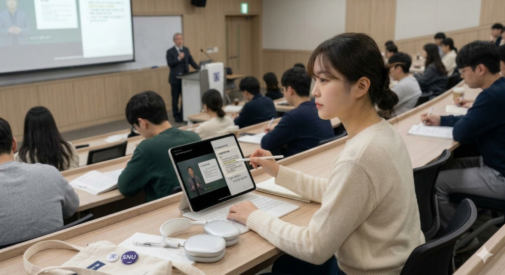 아이패드 12세대 보급형 애플 인텔리전스 AI 기능으로 강의내용을 요약하는 대학생 모습