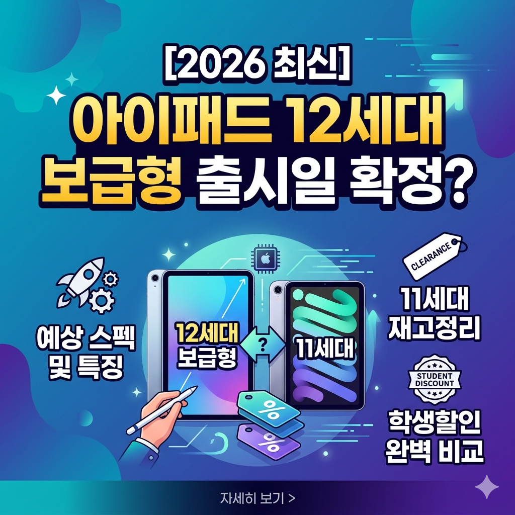 [2026 최신] 아이패드 12세대 보급형 예상 스펙(A16 칩, USB-C)과 11세대 재고정리 및 학생할인 혜택을 완벽 비교하는 블로그 썸네일