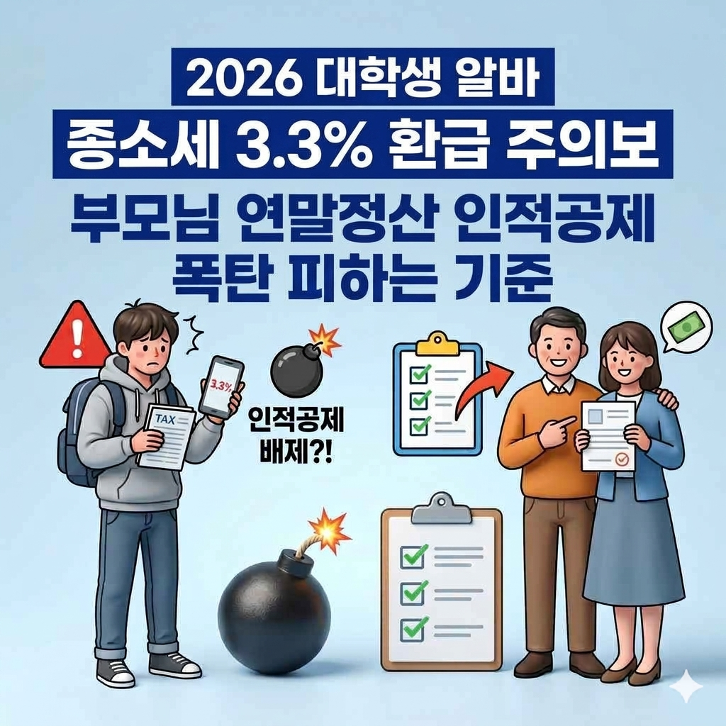 대학생 알바 종소세 환급 주의보, 부모님 연말정산 인적공제 기준, 3.3% 프리랜서 소득세 환급, 연 소득 100만 원 초과 시 인적공제 배제 썸네일 이미지