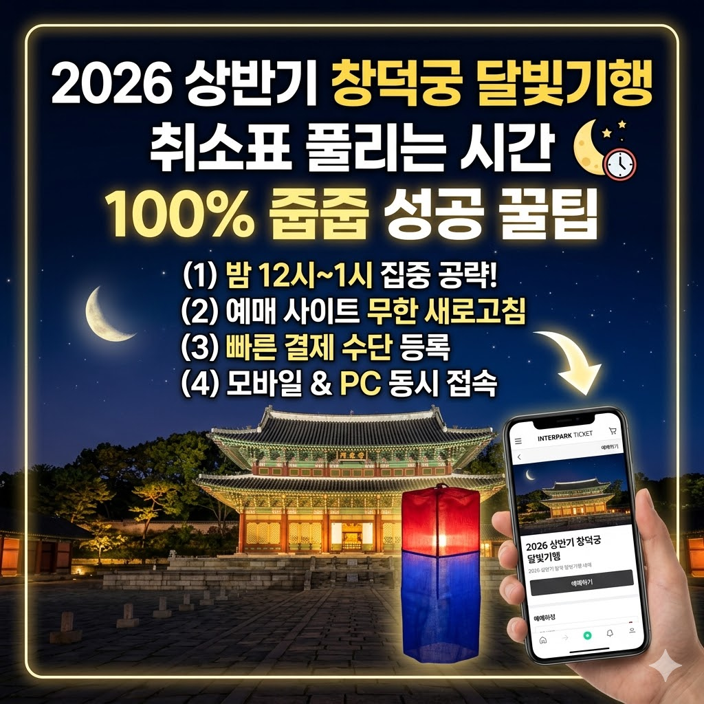 창덕궁 달빛기행 예매 꿀팁 썸네일: 밤 배경 위로 '2026 상반기 취소표 풀리는 시간 및 100% 성공 꿀팁' 텍스트와 예매 화면 스마트폰.